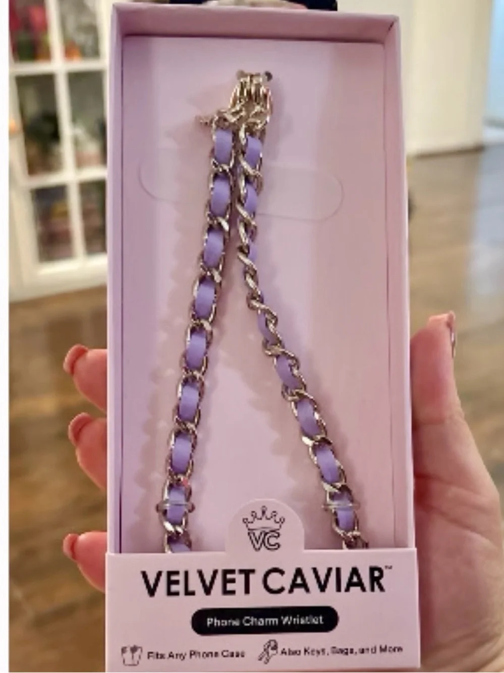 NEW Velvet Caviar lilac leather gold chain phone charm bracelet fits ANY phone